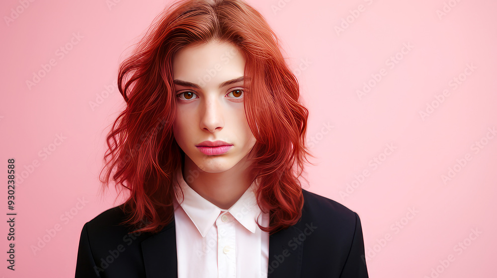 Portrait of a serious aggressive teenage girl with perfect skin, pink background, banner. Portrait of a serious aggressive teenage girl with perfect skin, pink background, banner.