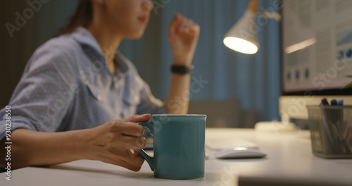 Quadro em tela Asia people young woman study hard overnight bored remote learn online read data tired busy sit at home office desk workplace drink energy tea coffee cup thinking worry in job tough stress workforce