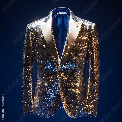 A gold glittery jacket with a tailored fit.