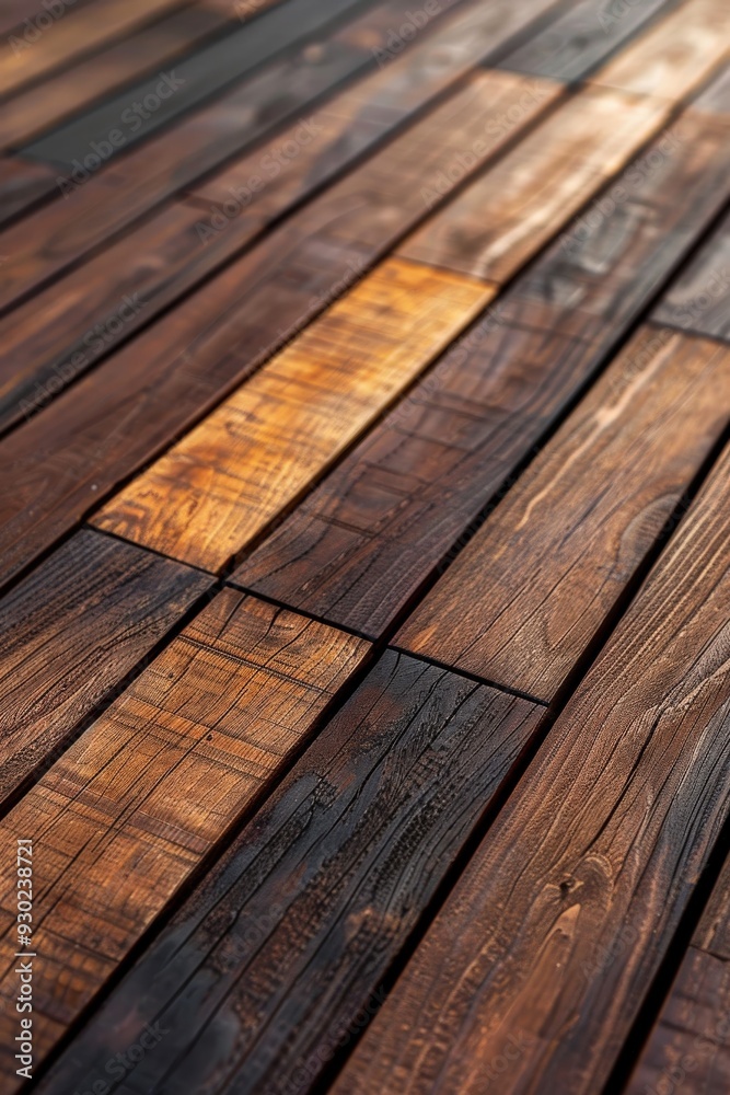 Close-up view of wooden decking planks in warm sunlight Close-up view of wooden decking planks in warm sunlight