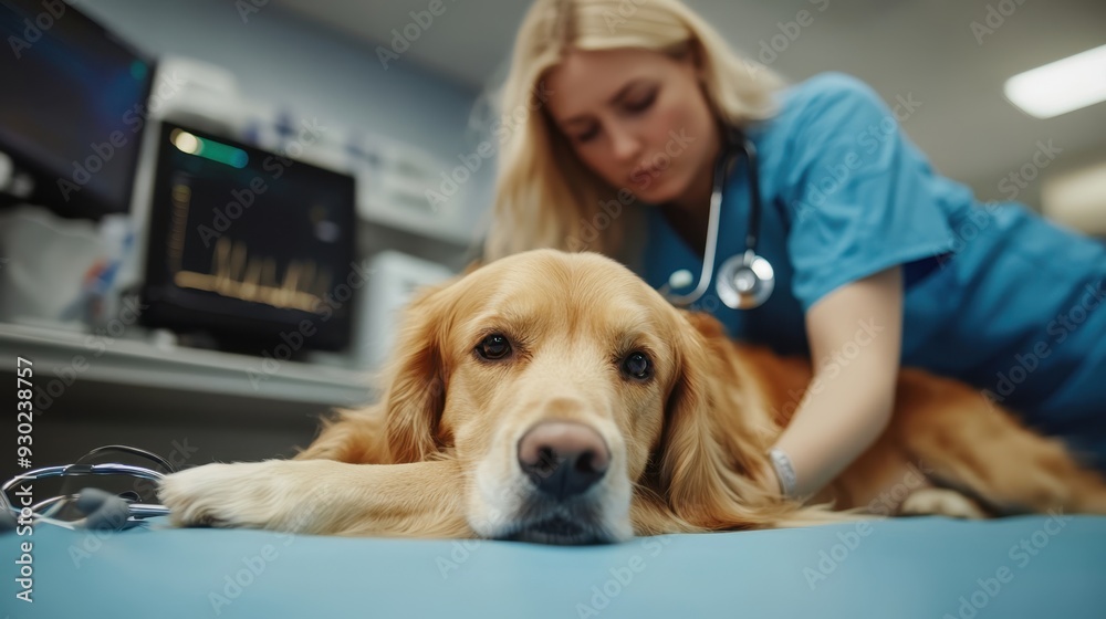 Caring Young Vet Conducting Routine Check-Up on Dog with Stethoscope in Modern Clinic Setting Caring Young Vet Conducting Routine Check-Up on Dog with Stethoscope in Modern Clinic Setting