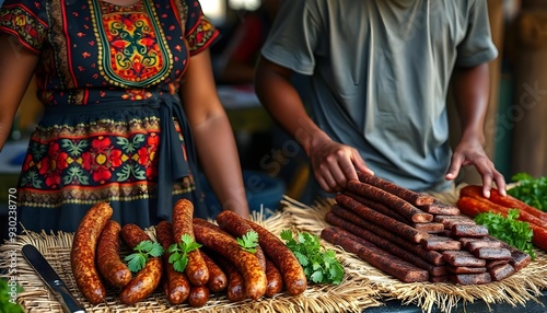 Traditional South African biltong market, with Black women and men selling cured meats like droëwors and boerewors photo