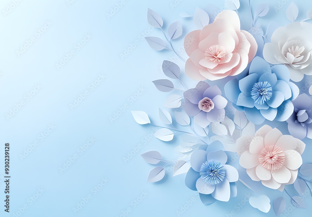 Fototapeta premium Delicate Paper Flowers Bloom on a Soft Blue Background, Creating a Dreamy and Romantic Atmosphere