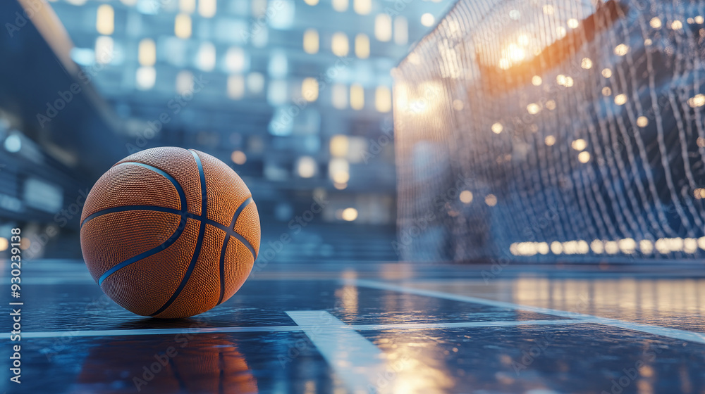 Basketball ball, board, and net in front of a large modern basketball arena. Basketball ball, board, and net in front of a large modern basketball arena.