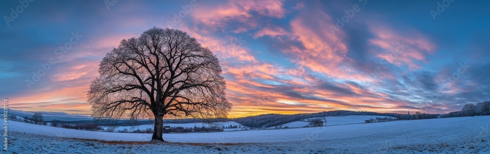 Beautiful sunset over a snowy field with a solitary tree Beautiful sunset over a snowy field with a solitary tree