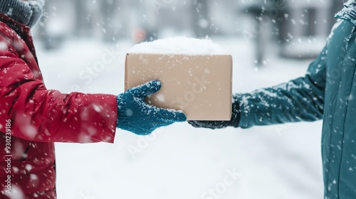 Two individuals exchanging a package in a snowy environment, highlighting the spirit of giving during winter.