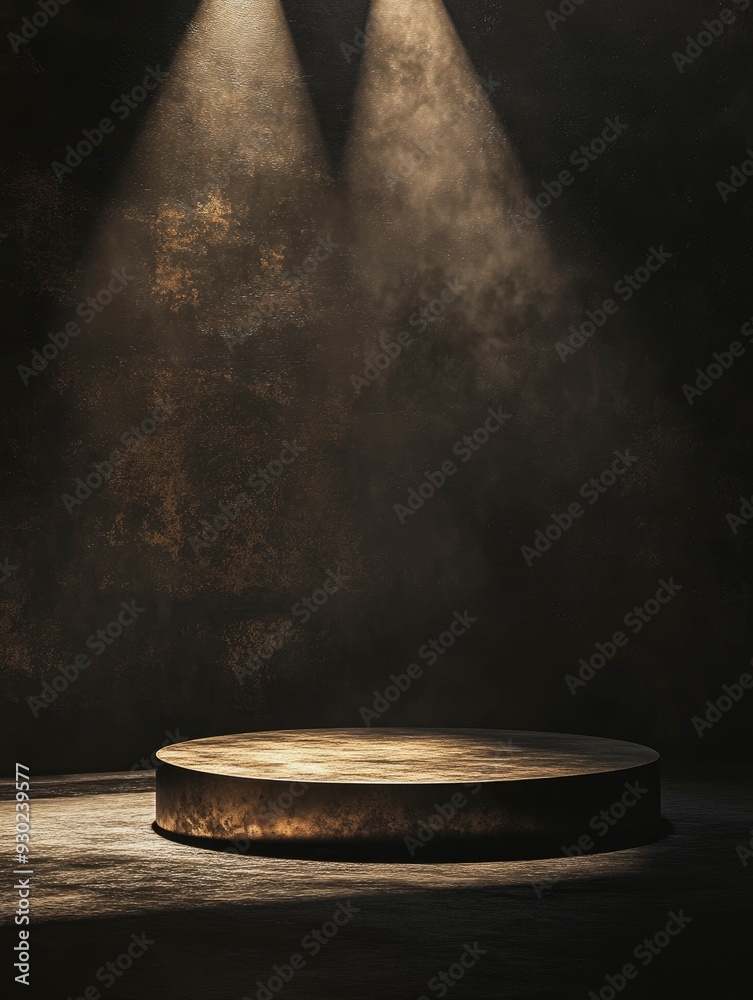 3D rendering of a podium product with a metallic surface, featuring dramatic shadows and a spotlight effect, placed on a dark stage to create a contrast. copy space , ai 3D rendering of a podium product with a metallic surface, featuring dramatic shadows and a spotlight effect, placed on a dark stage to create a contrast. copy space , ai
