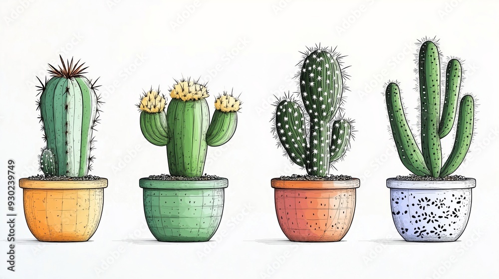 Stylish Arrangement of Four Cactus Plants in Decorative Pots