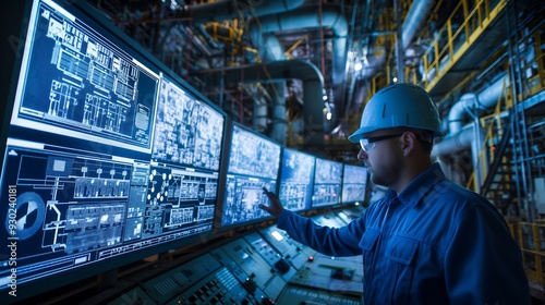 Engineers monitoring a chiller plant control room with computer screens displaying system data