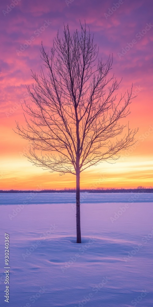 A solitary tree silhouetted against a vibrant winter sunset A solitary tree silhouetted against a vibrant winter sunset