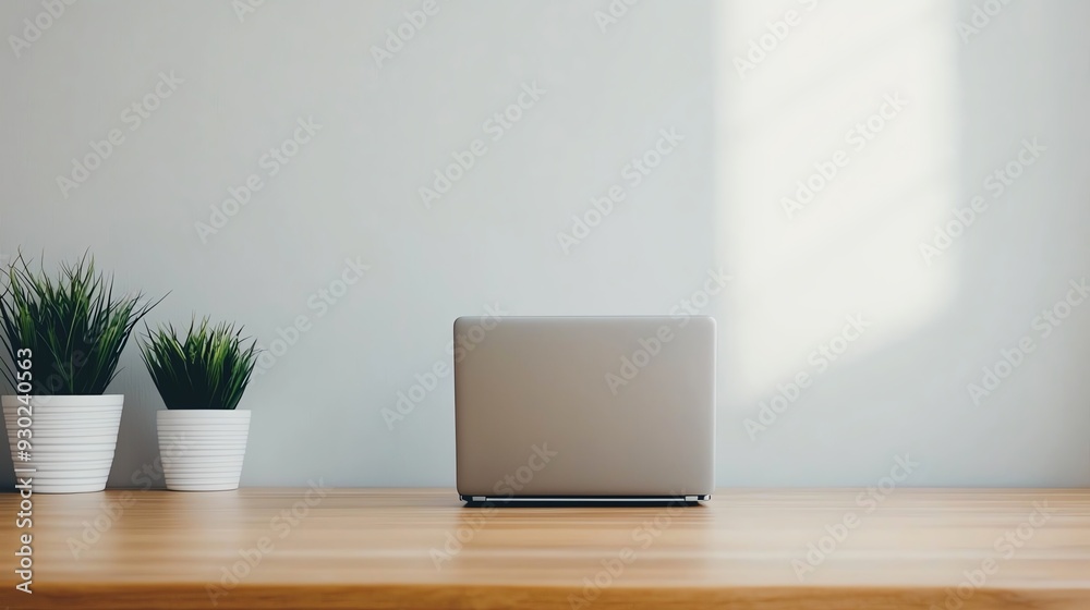 A minimalist workspace featuring a laptop, wooden desk, and potted plants, ideal for remote work or study environments.