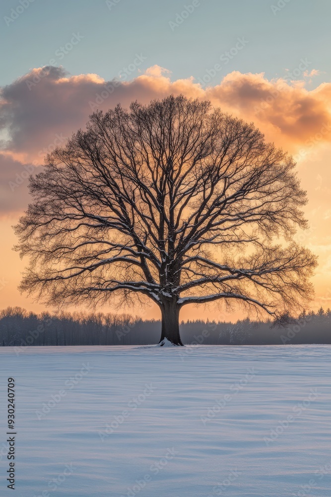 A solitary tree in a snowy field at sunset