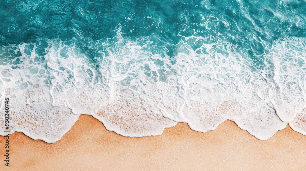 Aerial view of turquoise ocean waves gently sweeping ashore on a sandy beach, creating a serene and tranquil coastal scene. Aerial view of turquoise ocean waves gently sweeping ashore on a sandy beach, creating a serene and tranquil coastal scene.