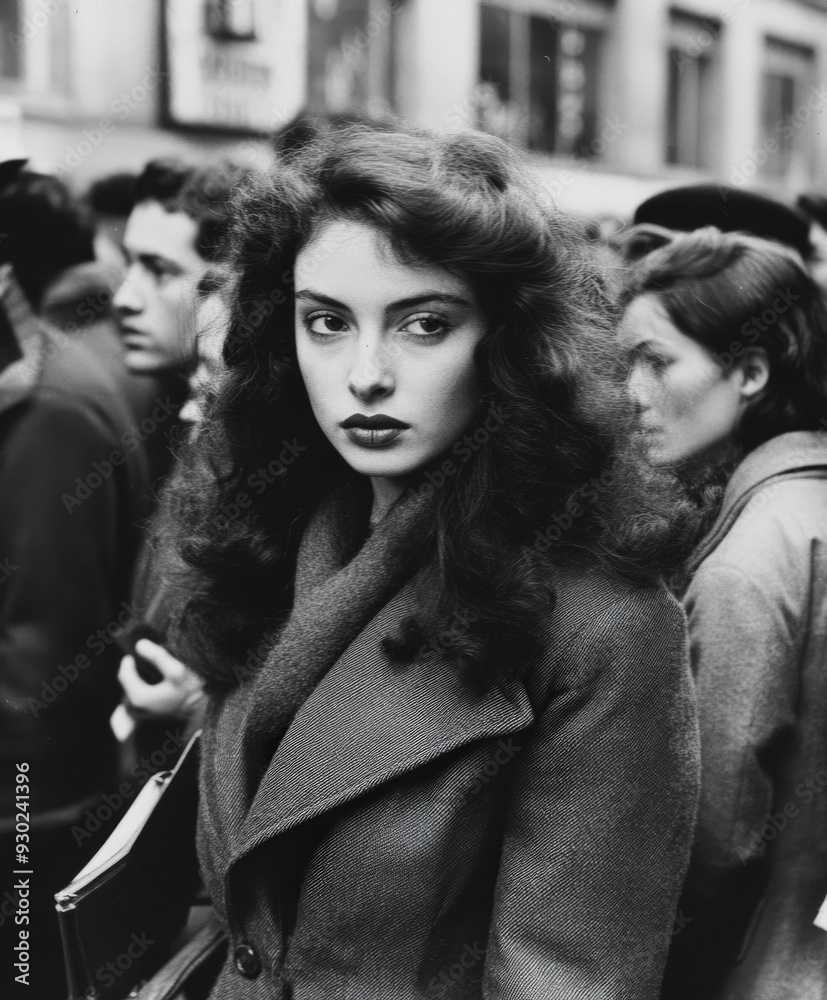 Elegant brunette woman walking through a busy city crowd in winter Elegant brunette woman walking through a busy city crowd in winter