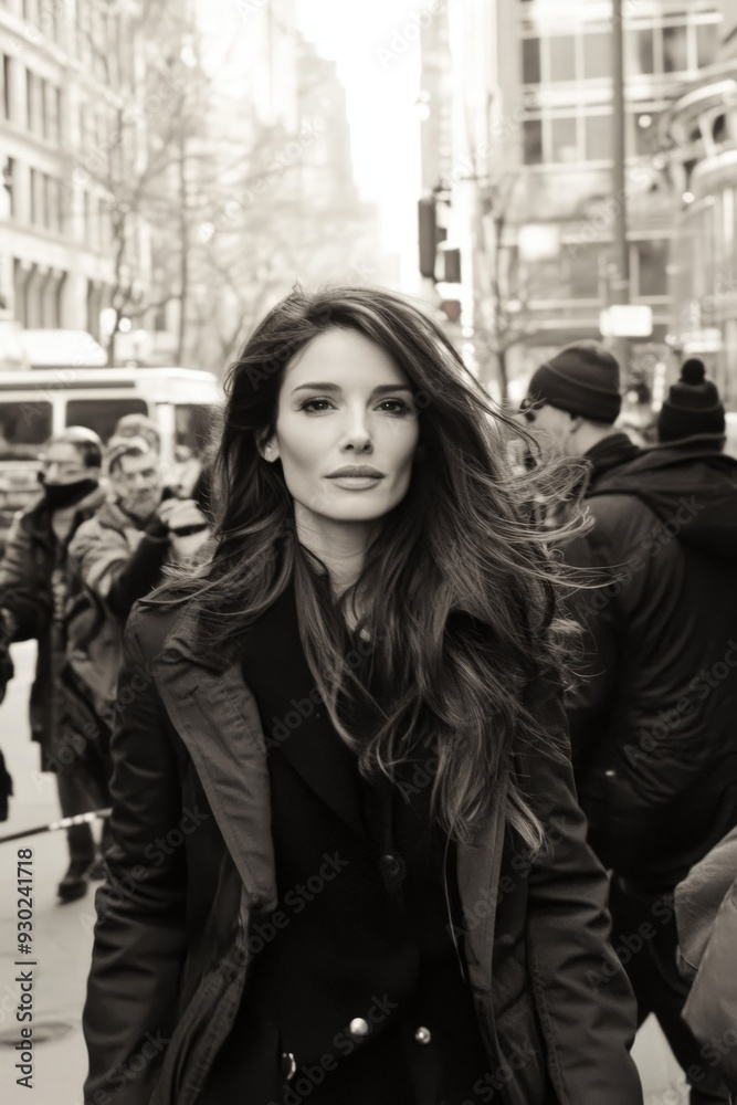 Fototapeta premium Brunette woman walks confidently through a busy urban crowd in winter
