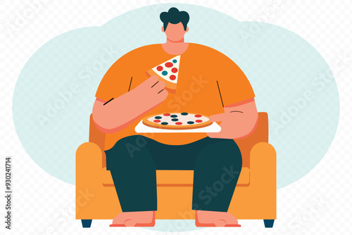 Flat vector illustration of a man eating pizza, showing food enjoyment, casual lifestyle, snack moment, and modern character design for web and print.