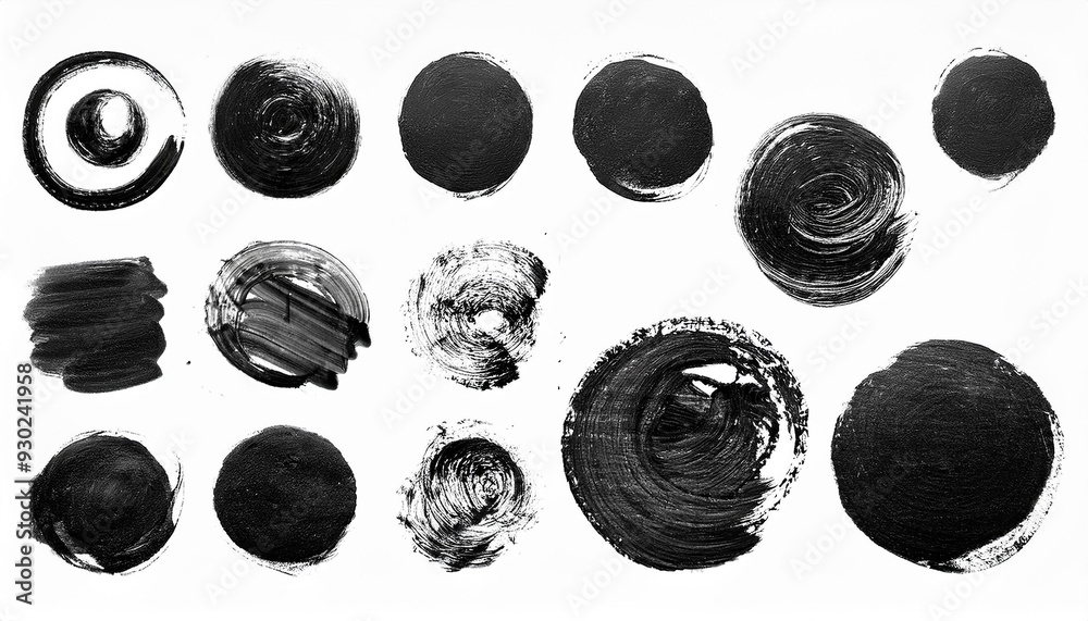Set of round black brush strokes. Grungy texture. Hand drawn art. Set of round black brush strokes. Grungy texture. Hand drawn art.