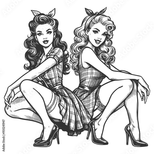 two pin-up girls in plaid dresses and high heels, striking playful poses sketch engraving generative ai fictional character vector illustration. Scratch board imitation. Black and white image.
