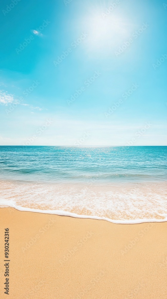 A summer beach scene with rolling waves and bright sunshine, capturing the essence of a warm, relaxing day
