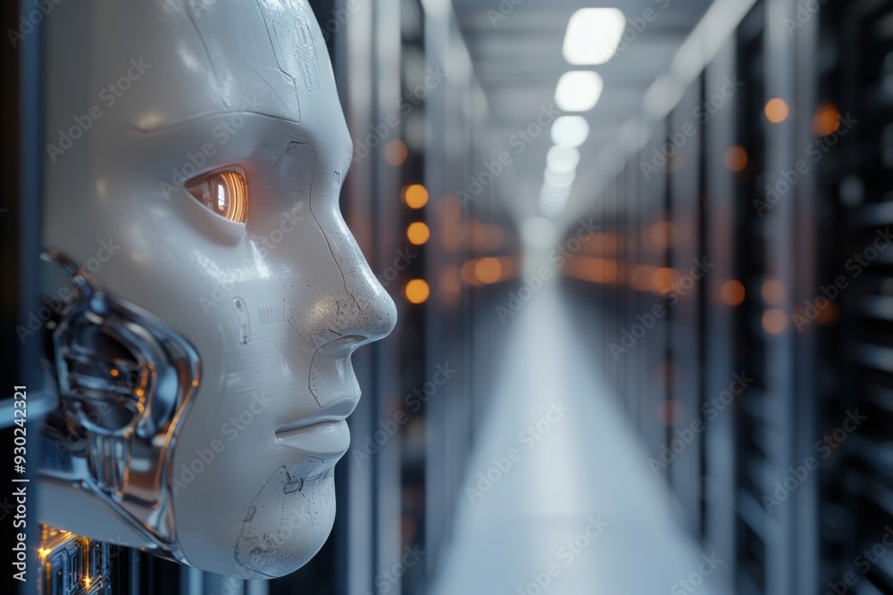 Robotic face close up highlights the blend of humanity and machine in modern technology Robotic face close up highlights the blend of humanity and machine in modern technology