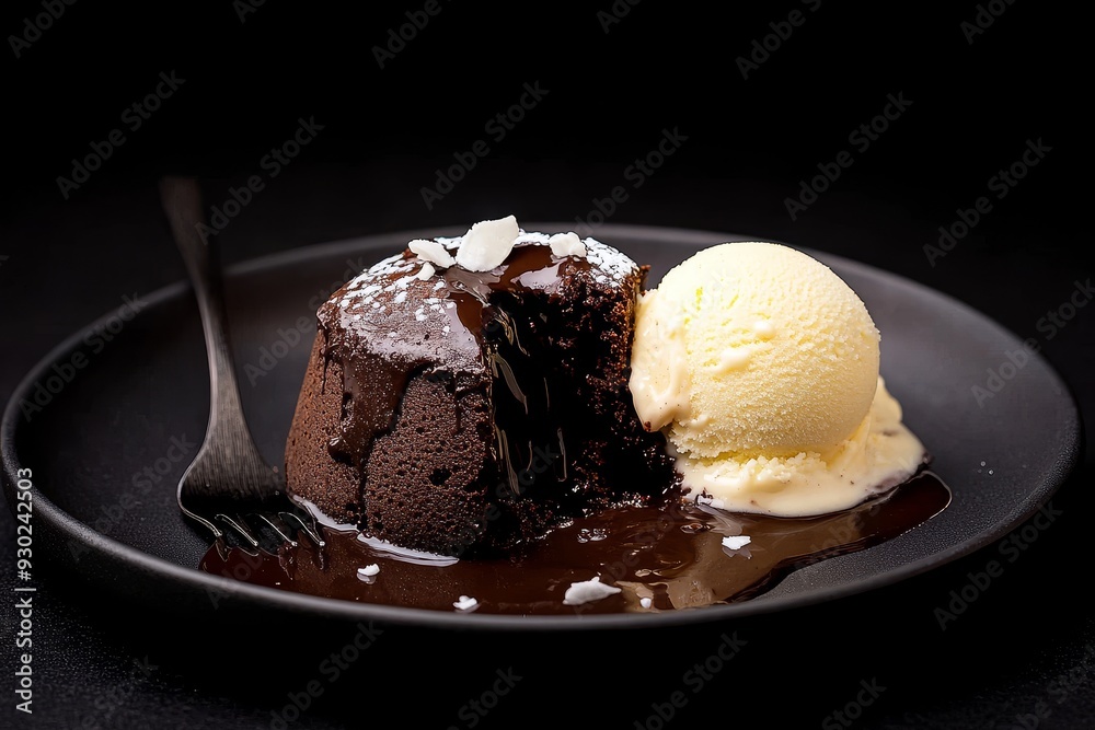 Rich chocolate lava cake with vanilla ice cream served on a black plate Rich chocolate lava cake with vanilla ice cream served on a black plate