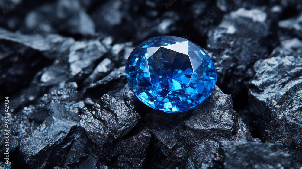 Blue sapphire set against a black coal background. Blue sapphire set against a black coal background.