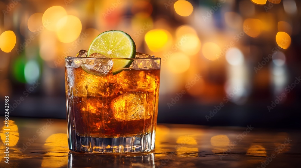 Vibrant cocktail on illuminated bar, Cuba Libre with lime slice, crystal clear glass, ice cubes, warm glowing lights, bokeh background, backlit bottles, polished wooden bar top. Vibrant cocktail on illuminated bar, Cuba Libre with lime slice, crystal clear glass, ice cubes, warm glowing lights, bokeh background, backlit bottles, polished wooden bar top.