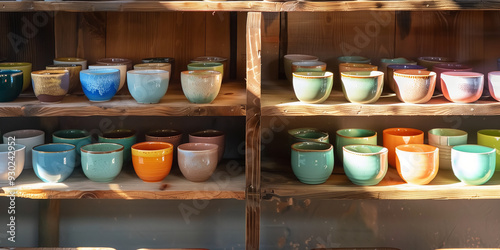 Wallpaper Mural Rows of colorful handmade ceramic mugs on a wooden shelves on sunny day. Pottery as a hobby for all ages. Torontodigital.ca