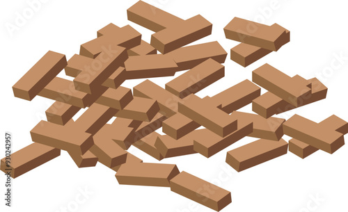 Scattered wooden planks forming a pile, useful for construction and woodworking concepts
