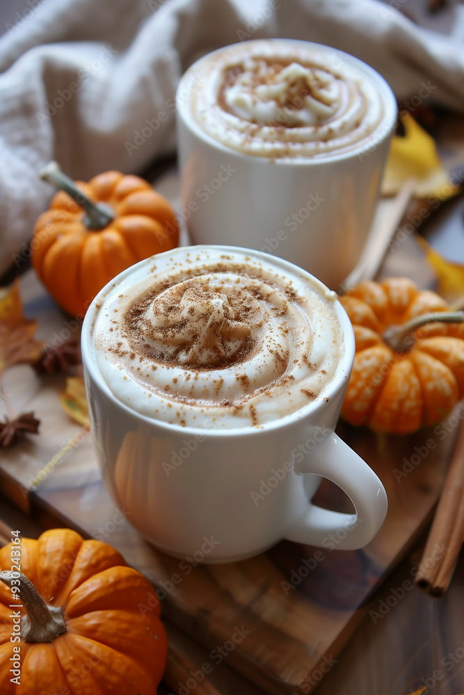 Pumpkin spice latte in a glass mug with cinnamon, nutmeg and cookies. Pumpkin spice latte in a glass mug with cinnamon, nutmeg and cookies.