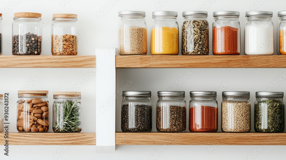 A beautifully organized display of various jars on shelves, showcasing an assortment of spices, herbs, and ingredients for cooking. A beautifully organized display of various jars on shelves, showcasing an assortment of spices, herbs, and ingredients for cooking.
