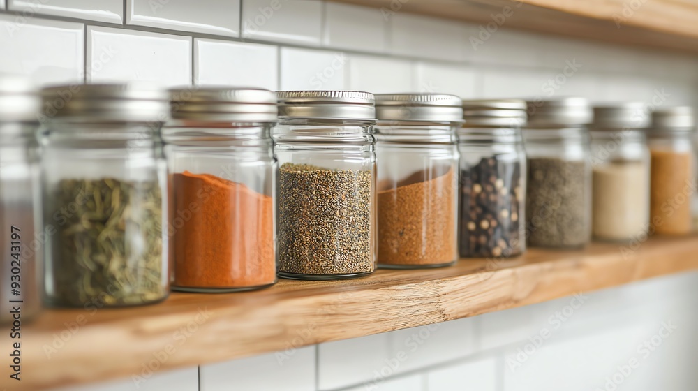 A beautifully organized shelf displaying various glass jars filled with colorful spices, perfect for a modern kitchen setting. A beautifully organized shelf displaying various glass jars filled with colorful spices, perfect for a modern kitchen setting.