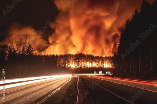 Large fire in the forest on top of a hill near an asphalt road, night time, smoke billows from behind trees across the sky, cars pass by with their headlights illuminating everything