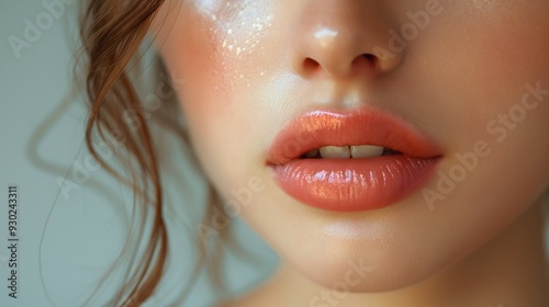 beautiful plump lips, close-up photo, realistic photo, soft pink shade, natural lip color