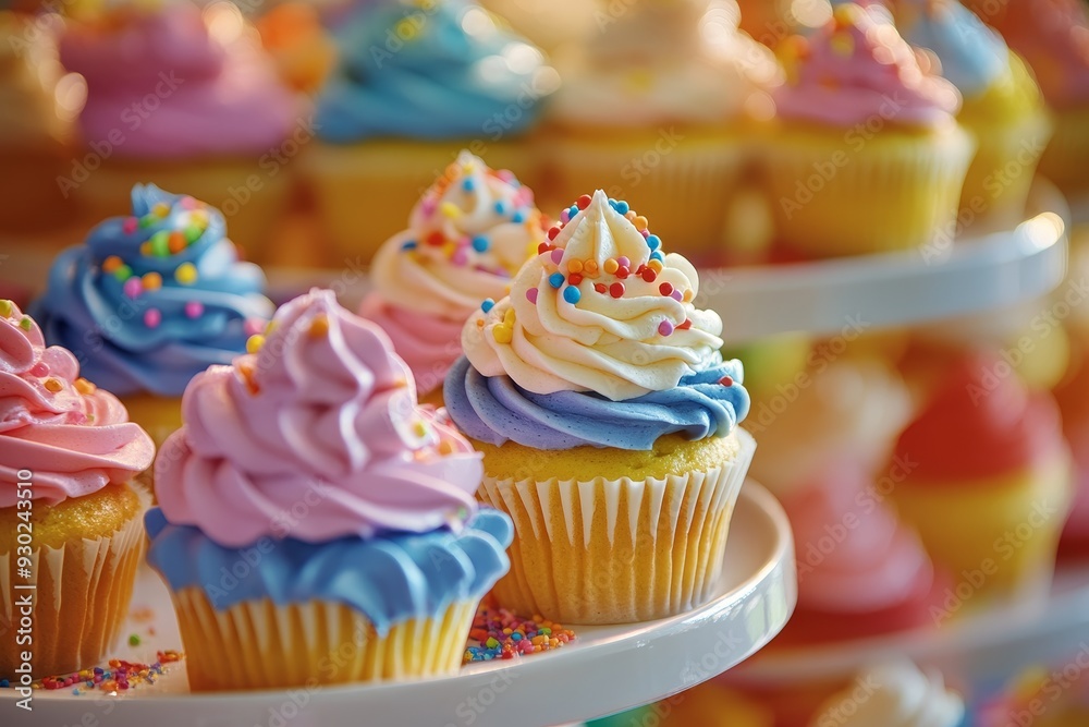 Colorful cupcakes displayed on a tiered stand at a bakery during a sunny afternoon Colorful cupcakes displayed on a tiered stand at a bakery during a sunny afternoon