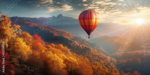 Colourful hot air balloon floating over distant fields and meadows covered with fog on sunny sunrise at autumn day.