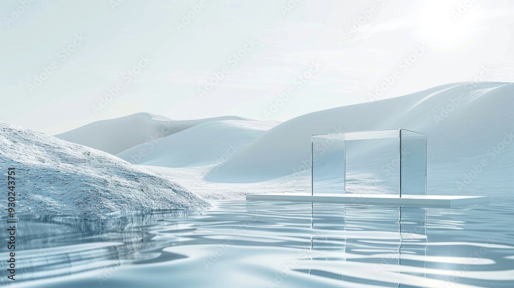 Glass Structure on a White Sandy Desert With Water Glass Structure on a White Sandy Desert With Water
