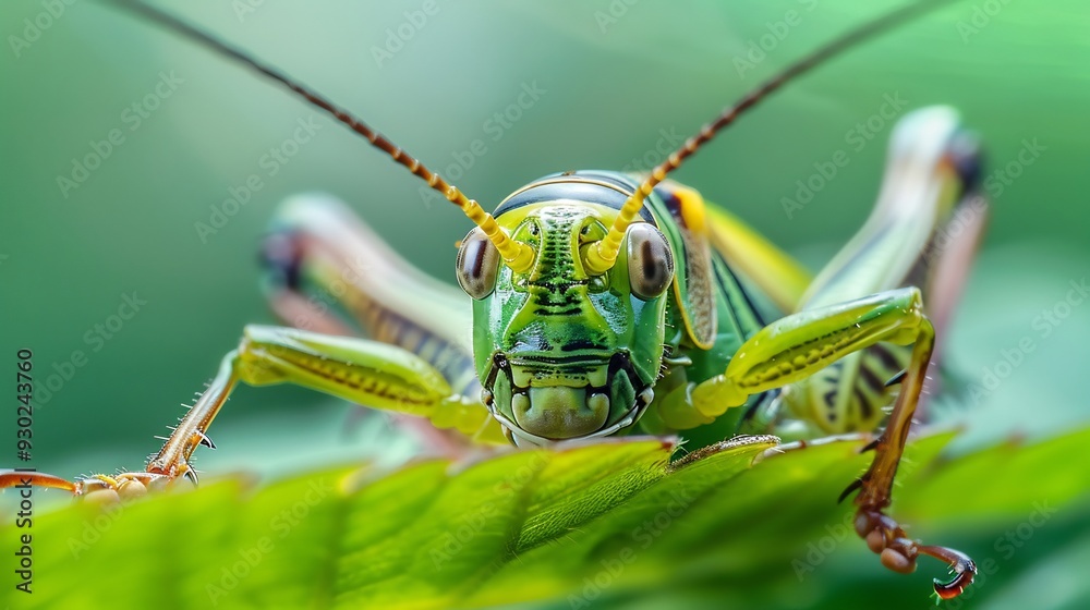Close-up Portrait of a Green Grasshopper on a Leaf Close-up Portrait of a Green Grasshopper on a Leaf