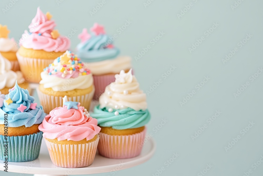 Colorful cupcakes on a white stand against a pastel backdrop in a bright kitchen