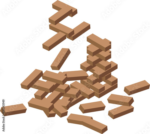 Wooden block tower game with blocks tumbling down, concept of risk, strategy, and challenge