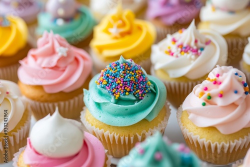 Colorful cupcakes with frosting, sprinkles, and various toppings displayed on a table