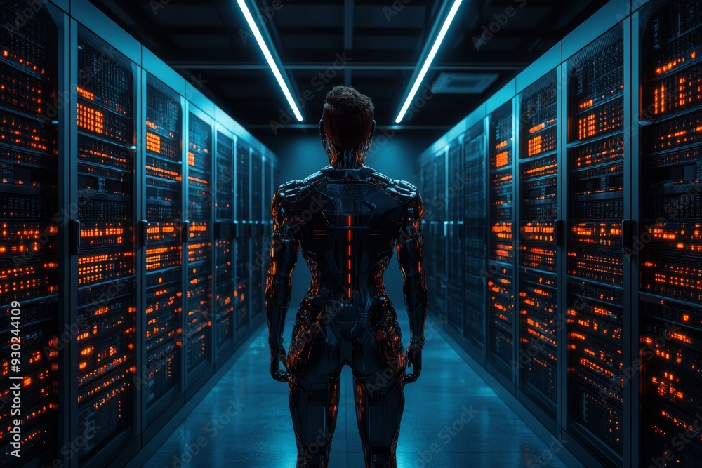 Fototapeta premium Man standing in a data corridor surrounded by glowing interfaces representing network management