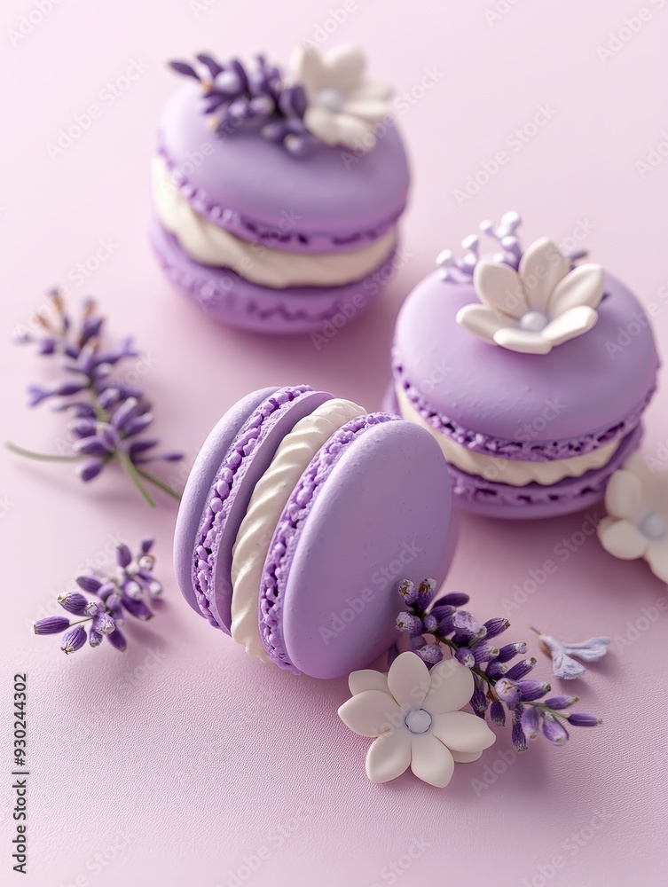 Lavender macarons with floral decorations arranged on a pastel pink background Lavender macarons with floral decorations arranged on a pastel pink background