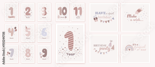 Milestone cards collection  with numbers in beige pastel colors for newborn boy and girl. Baby month anniversary card o poster in flat trendy design. Cartoon vector illustration.