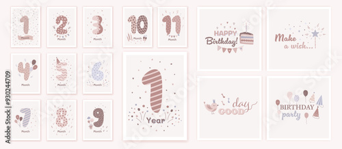 Milestone cards collection  with numbers in beige pastel colors for newborn. Baby month anniversary card in flat trendy design. Vector illustration.