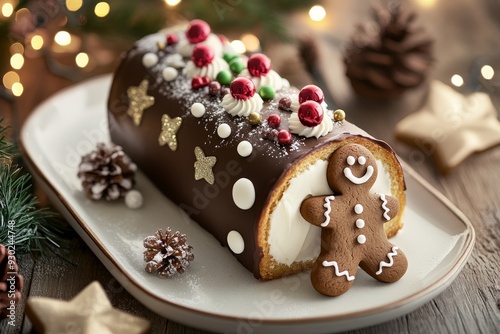 Festively decorated chocolate yule log cake with gingerbread man on a wooden table photo