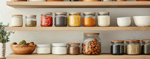 Wallpaper Mural A neatly organized shelf showcasing various jars filled with colorful ingredients, perfect for kitchen decor and storage inspiration. Torontodigital.ca