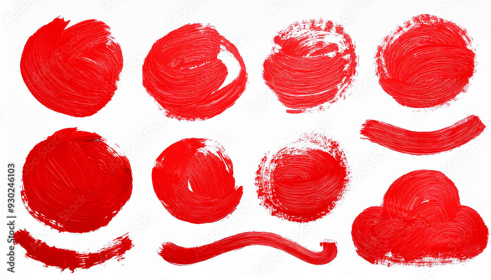 Set of round red brush strokes. Grungy texture. Hand drawn art. Set of round red brush strokes. Grungy texture. Hand drawn art.