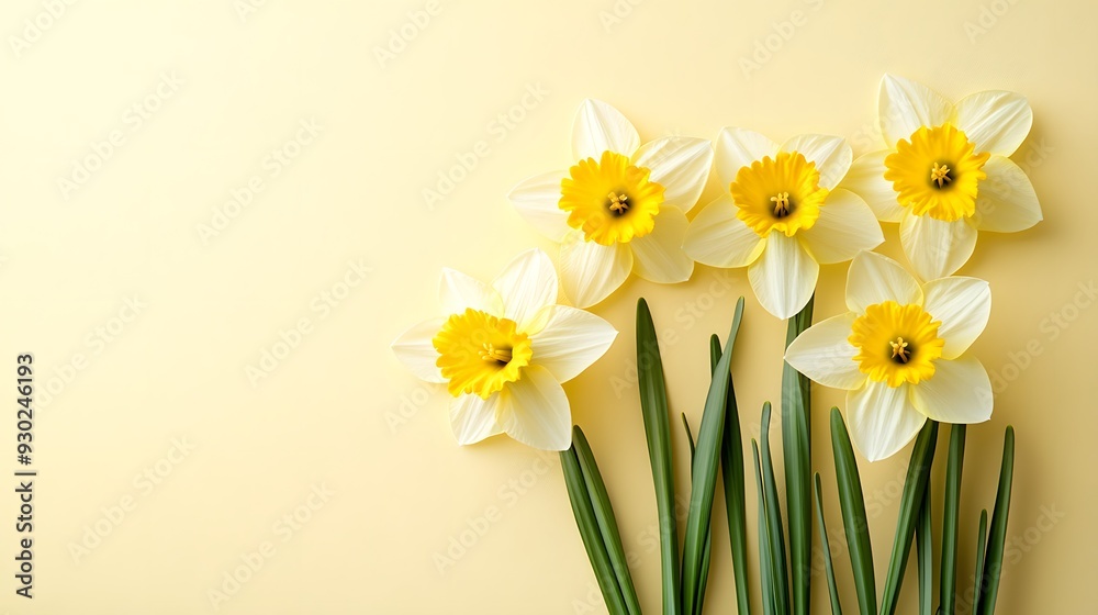 Yellow daffodils, fresh spring flowers, green stems, pale yellow background, copy space for text, flat lay photography, high resolution, springtime theme.
