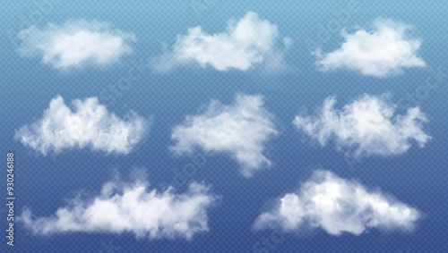 Realistic blue sky cloud with overlay texture, nature element, fire smoke, fog and summer weather symbol collection on transparent background. Food smoky pattern, fluffy cloud silhouette or cyberspace